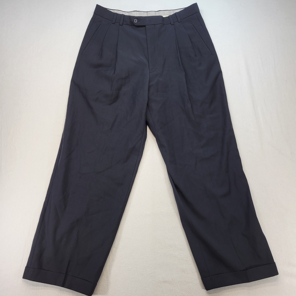 Zignone Dress Pants Mens 34x29 Black Wool Pleated Cuffed Made in Italy Trousers